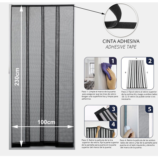 MOSQUITERA CORTINA PARA PUERTA CON CINTA ADHESIVA 100X230CM - NEGRO image 1