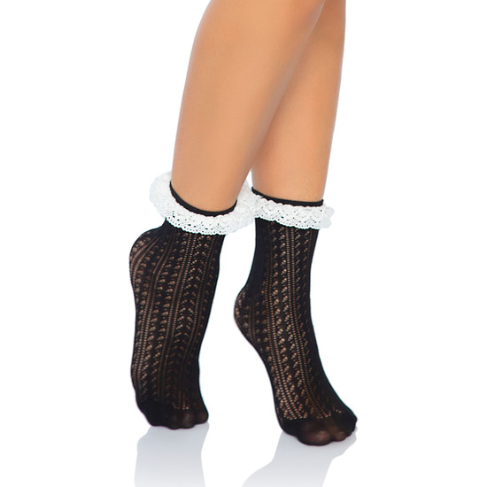 LEG AVENUE ZIGZAG CROCHET ANKLET SOCKS - BLACK / WHITE image 1