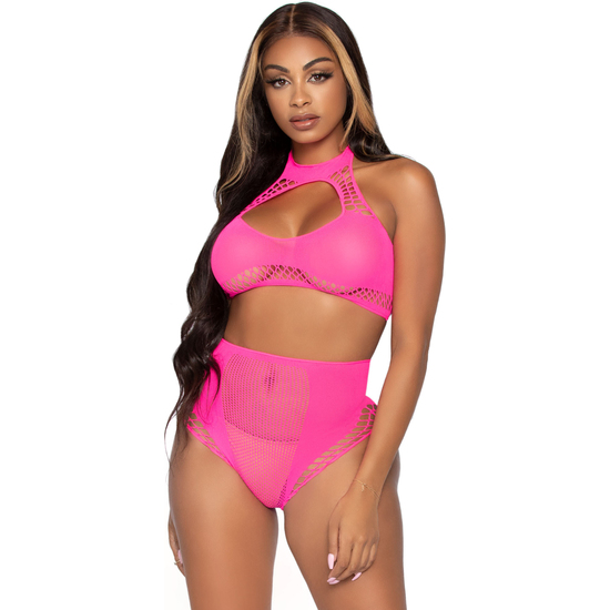 LEG AVENUE CROP TOP & HIGH WAIST BOTTOM - NEON PINK image 0