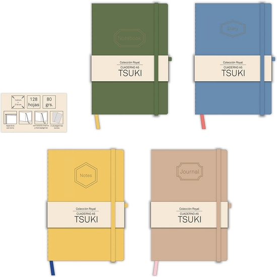 CUADERNOS DE NOTAS CON GOMA TSUKI ROYAL 128 PÁGINAS 4 COLORES 14X21 CM image 1
