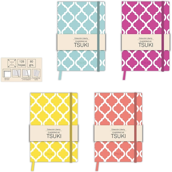 CUADERNOS DE NOTAS CON GOMA TSUKI LIBERTY 128 PÁGINAS 4 COLORES 14X21 CM image 1