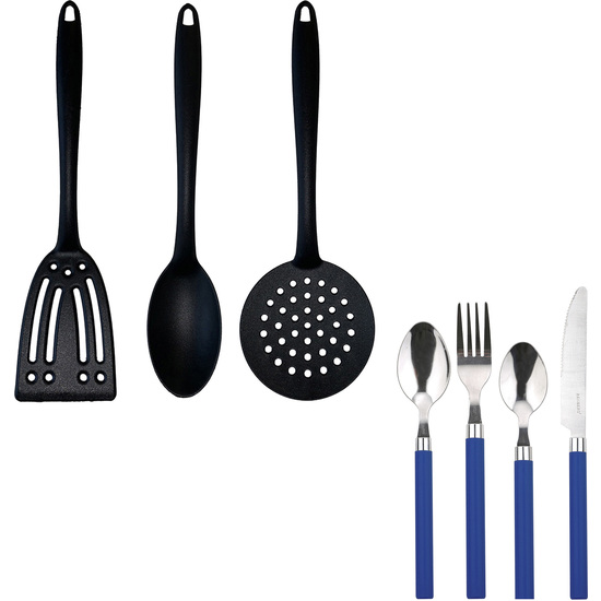 CUBERTERIA 24 PIEZAS RENBERG DE ACERO INOXIDABLE HAPPIE BLUE CON SET DE 3 UTENSILIOS DE COCINA EN NYLON image 0