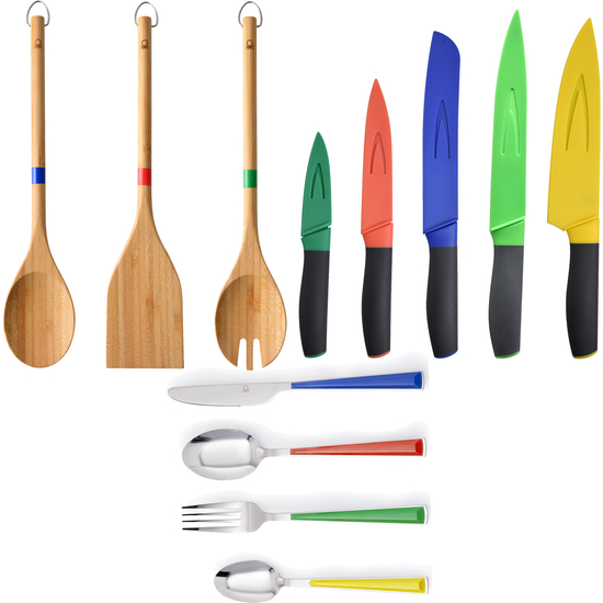 SET 3PC UTENSILIOS COCINA BAMBOO, CON SET 5 CUCHILLOS DE COCINA CON FUNDA/PROTECTOR Y SET 24PCS CUBERTERÍA ACERO INOXIDABLE MANGO COLORES CASA BENETTON image 0
