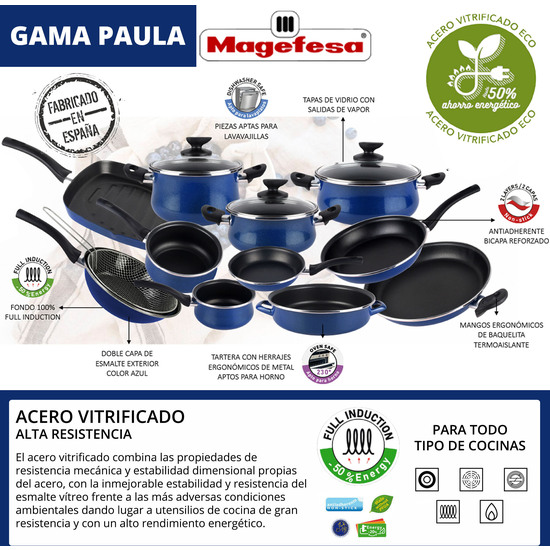 MAGEFESA COLECCIÓN PAULA - BATERÍA DE COCINA 10 PIEZAS. MATERIAL ACERO VITRIFICADO EXTERIOR AZUL. ANTIADHERENTE BICAPA, APTAS PARA TODO TIPO DE COCINAS, ESPECIAL INDUCCIÓN. 50% DE AHORRO ENERGÉTICO. image 1