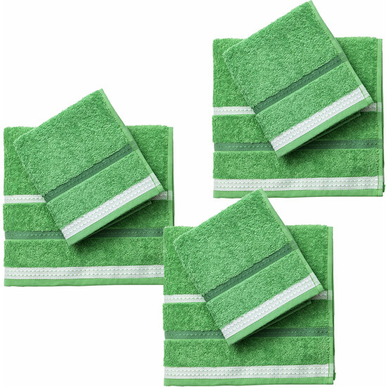 SET DE 6 TOALLAS (3 DE MANO DE 50X30CM + 3 DE BAÑO DE 90X50CM) 450GSM 100% ALGODÓN, VERDE CON RAYAS image 1