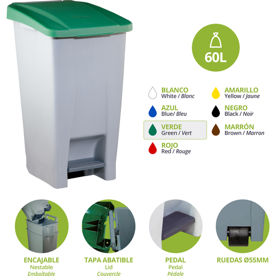 PACK RECICLAJE CONTENEDOR SELECTIVO: 4 CONTENEDORES DE 60 LITROS DE COLORES. CAPACIDAD TOTAL 240 LITROS image 2