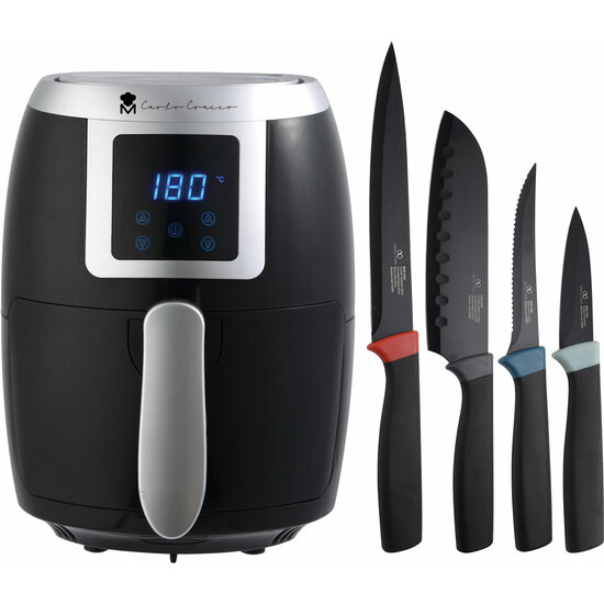 FREIDORA DE AIRE 1000W MASTERPRO Y JUEGO DE 4 CUCHILLOS DE COCINA INFINITY CHEFS ESSENCE: 1 SANTOKU, 1 FILETEADOR, 1 CUCHILLO PELADOR, Y 1 CUCHILLO DENTADO PARA CARNE. image 0