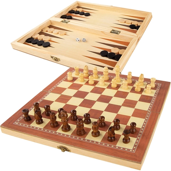 SET AJEDREZ DAMAS Y BACKGAMON MADERA EN ESTUCHE 30X15X5 image 1