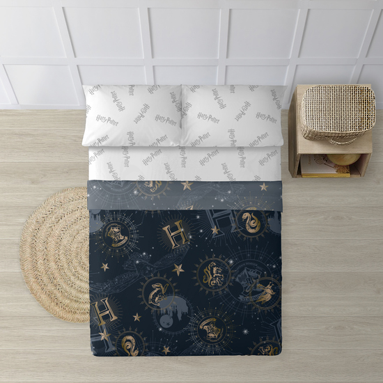 JUEGO DE SÁBANAS CON ALMOHADA Y BAJERA ESTAMPADAS 100% ALGODÓN MODELO HPOTTER GOLD PARA CAMA DE 90. image 0