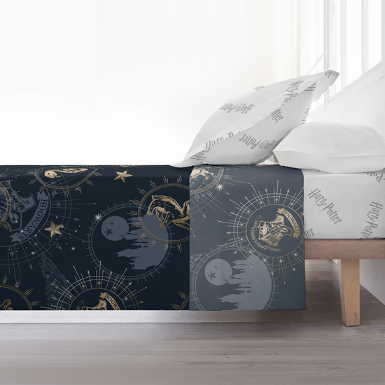 JUEGO DE SÁBANAS CON ALMOHADA Y BAJERA ESTAMPADAS 100% ALGODÓN MODELO HPOTTER GOLD PARA CAMA DE 90. image 1