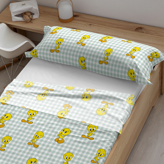 JUEGO DE SÁBANAS CON ALMOHADA Y BAJERA ESTAMPADAS 100% ALGODÓN MODELO TWEETY VICHY PARA CAMA DE 90. image 0