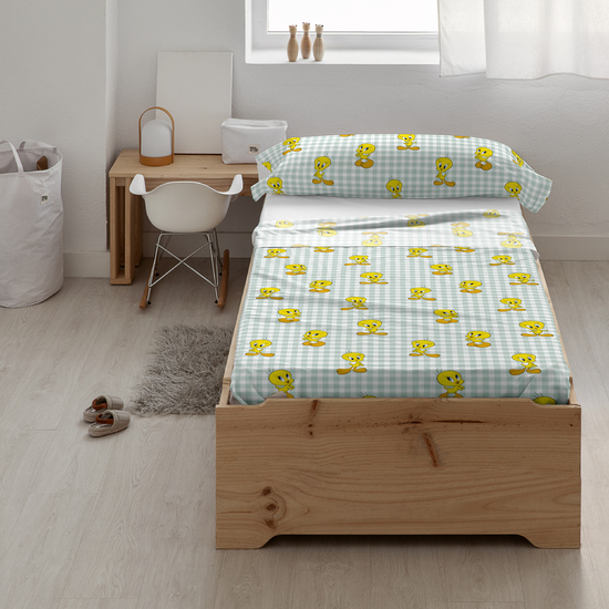 JUEGO DE SÁBANAS CON ALMOHADA Y BAJERA ESTAMPADAS 100% ALGODÓN MODELO TWEETY VICHY PARA CAMA DE 90. image 1