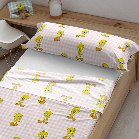 JUEGO DE SÁBANAS CON ALMOHADA Y BAJERA ESTAMPADAS 100% ALGODÓN MODELO TWEETY VICHY PINK PARA CAMA DE 90. image 0