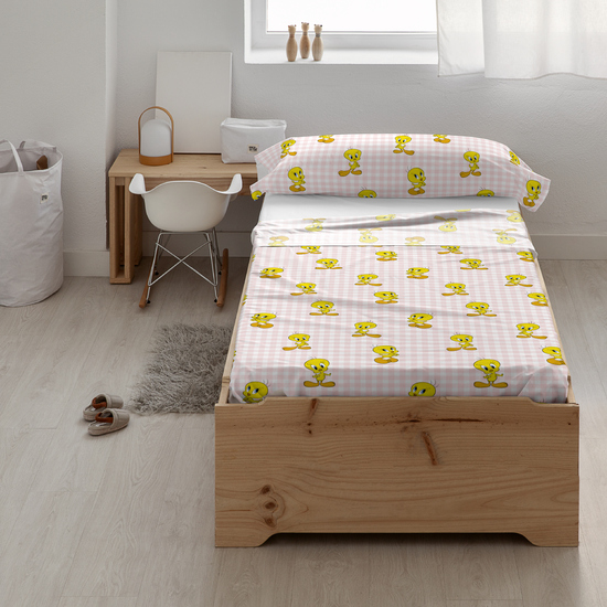 JUEGO DE SÁBANAS CON ALMOHADA Y BAJERA ESTAMPADAS 100% ALGODÓN MODELO TWEETY VICHY PINK PARA CAMA DE 90. image 1