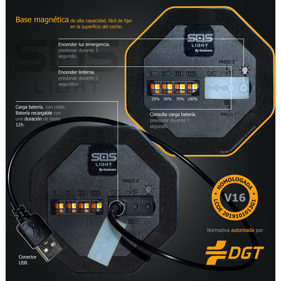 SOS LIGHT - LUZ DE EMERGENCIA AUTÓNOMA, SEÑAL V16 DE PRESEÑALIZACIÓN DE PELIGRO, HOMOLOGADA DGT V16 image 2