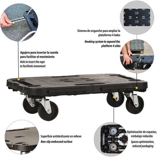 PLATAFORMA CON RUEDAS, EN POLIPROPILENO 480X290X H 40 MM, ENSAMBLE 480X290X H 125 MM, CON SISTEMA DE ENGANCHE PARA PODER AMPLIAR LA PLATAFORMA image 3