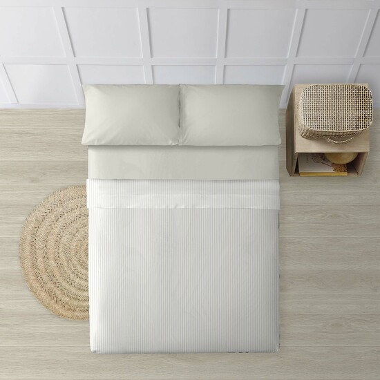 JUEGO DE SÁBANAS 100% ALGODÓN MODELO PAPAMOA BEIGE RAYA PARA CAMA DE 135. image 0