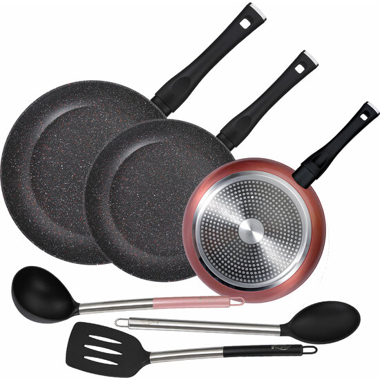 PACK DE 3 SARTENES Ø20/24 Y 28 CMS + SET DE 3PC DE UTENSILIOS DE COCINA EN NYLON image 0