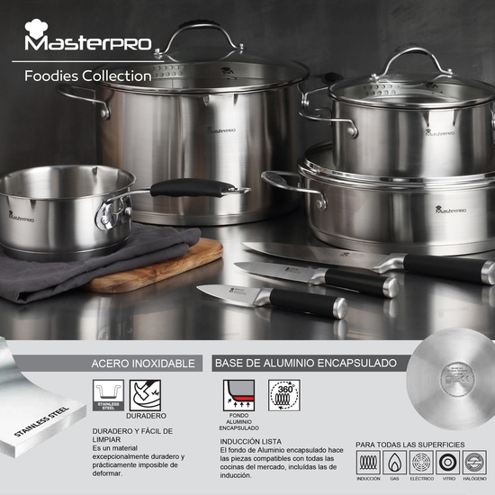 PACK DE 3 SARTENES 20/24/28 CM + SARTÉN ASADOR GRILL 28CM + 2 CACEROLAS 24/28CM EN ACERO INOX image 2