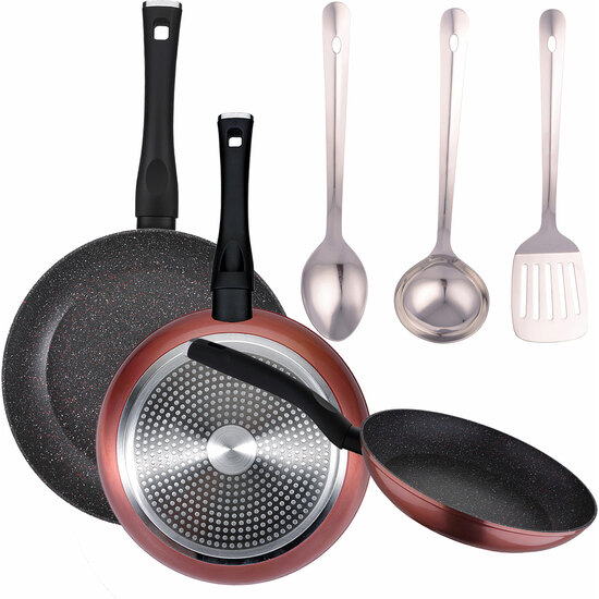 PACK DE 3 SARTENES Ø20/24 Y 28 CMS + SET 3PC DE UTENSILIOS DE COCINA EN ACERO INOXIDABLE image 0