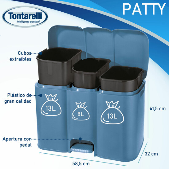 CUBO DE RECICLAJE "PATTY3" CON TRES COMPARTIMENTOS Y CUBOS EXTRAIBLES COLOR AZUL image 1