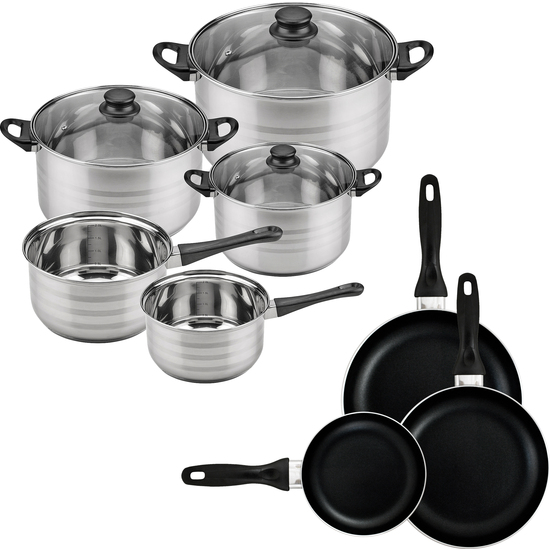 BATERÍA DE COCINA SIP 8 PIEZAS (DOS CAZOS + TRES OLLAS CON TAPA DE VIDRIO)  CON SET DE 3 SARTENES Ø16/20/24 CMS., INDUCCIÓN