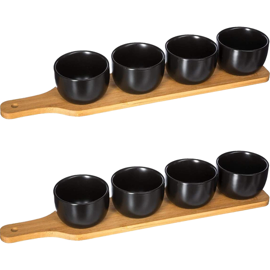 2X SET DE APERITIVO DE 5 PIEZAS COLOR NEGRO CON TABLAS EN BAMBÚ Y VASITOS EN LOZA image 0