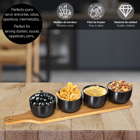 2X SET DE APERITIVO DE 5 PIEZAS COLOR NEGRO CON TABLAS EN BAMBÚ Y VASITOS EN LOZA image 1