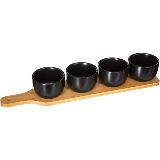 2X SET DE APERITIVO DE 5 PIEZAS COLOR NEGRO CON TABLAS EN BAMBÚ Y VASITOS EN LOZA image 2