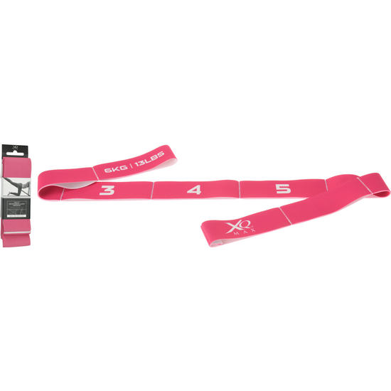 XQMAX MULTI LOOP LIGHT. SIZE: 1100MMX45MM. MATERIAL: LATEX WITH POLYESTER. PINK-225C COLOR WITH EXERCISES AND XQMAX PRINT. 8 LOOPS. 1PCS TIED ON COLOR image 0
