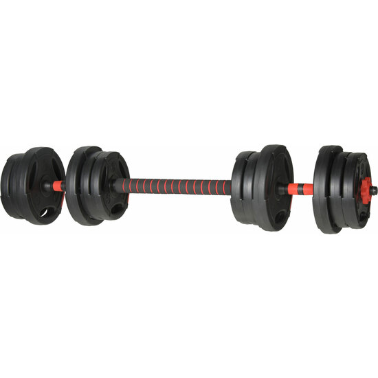 XQMAX HYBRID DUMBBELL/BARBELL SET 20KG. 2X THREADED BAR 400GRAM. 1X CONNECITON BAR 400MM WITH FOAM (BLACK/RED). PLATES: 8X 1,25KG / 4X 2,5 KG/ 3X SPIN image 0
