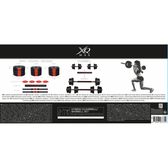 XQMAX HYBRID DUMBBELL/BARBELL SET 20KG. 2X THREADED BAR 400GRAM. 1X CONNECITON BAR 400MM WITH FOAM (BLACK/RED). PLATES: 8X 1,25KG / 4X 2,5 KG/ 3X SPIN image 1