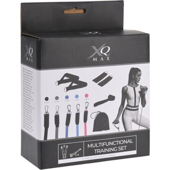 XQMAX EXPANDER SET. INCLUDES 5X TPE BANDS, 2X HANDLE, 2X ANKLE BAND, 1X DOOR ANCHOR, 1X STORAGE BAG. TUBES: 2KG PINK 225C, 5X8X1150MM/ 3KG BLUE 2995C, image 1