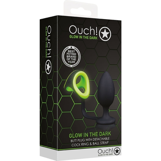 OUCH! - BUTT PLUG WITH COCK RING & BALL STRAP - GLOW IN THE DARK image 1