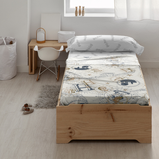 JUEGO DE SÁBANAS CON ALMOHADA Y BAJERA ESTAMPADAS 100% ALGODÓN MODELO HPOTTER GOLD BEIGE PARA CAMA DE 180. image 2