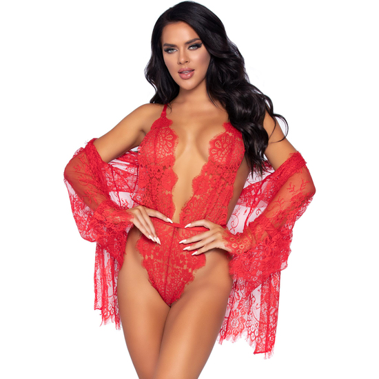LEG AVENUE - FLORAL LACE TEDDY & ROBE - RED image 0