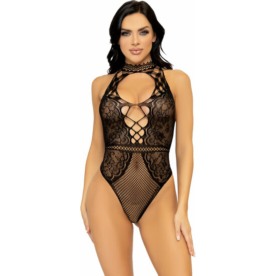 LEG AVENUE - NET AND LACE KEYHOLE BODYSUIT - BLACK image 0