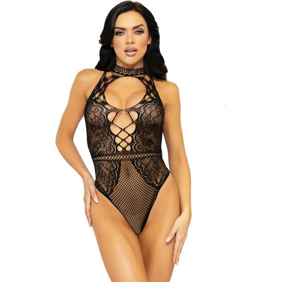 LEG AVENUE - NET AND LACE KEYHOLE BODYSUIT - BLACK image 2