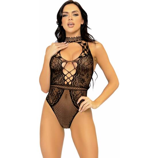 LEG AVENUE - NET AND LACE KEYHOLE BODYSUIT - BLACK image 3