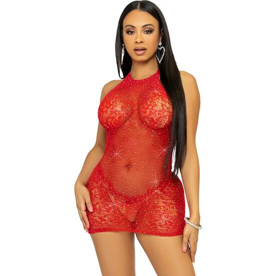 LEG AVENUE RHINESTONE HALTER MINI DRESS-RED image 0