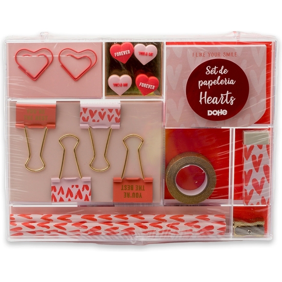 SET PAPELERÍA CORAZÓN 17 PIEZAS. CAJA METACRILATO 22X17X3 image 0