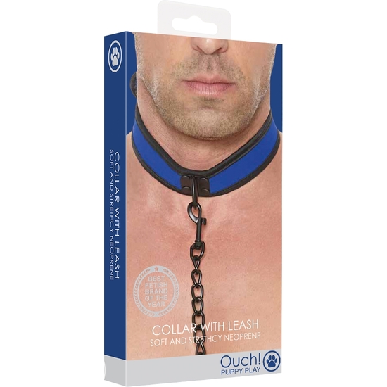 OUCH PUPPY PLAY - NEOPRENE COLLAR WITH LEASH - BLUE image 1