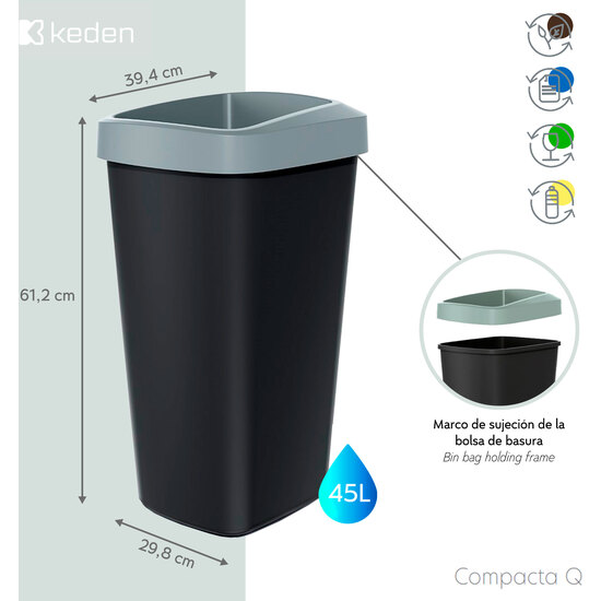 CUBO DE RECICLAJE 45L KEDEN EN PLÁSTICO CON PRÁCTICA TAPA ABIERTA COLOR GRIS. image 1