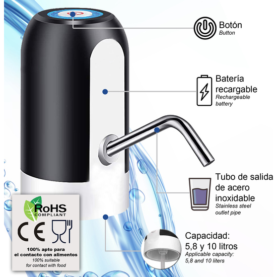 4X DISPENSADOR DE BOMBA DE AGUA DISTRIBUIDOR DE CARGA USB, EXTRAÍBLE Y CONVENIENTE PARA USAR EN AGUA EMBOTELLADA, CON ADAPTADORES COMPATIBLE CON GARR image 1