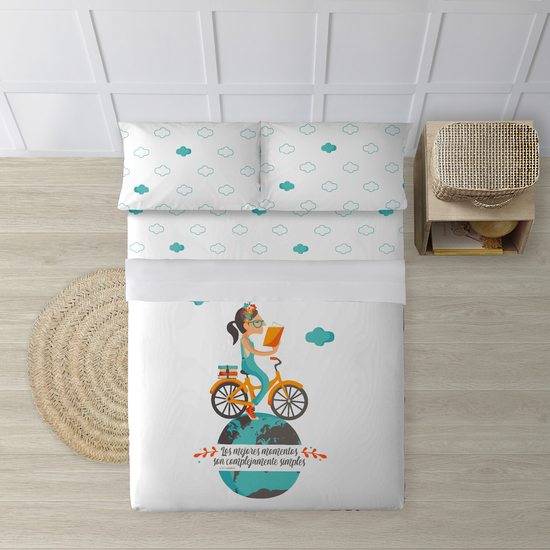 JUEGO DE SÁBANAS CON ALMOHADA Y BAJERA ESTAMPADAS A JUEGO 100% ALGODÓN MODELO BICI PARA CAMA DE 90. image 0