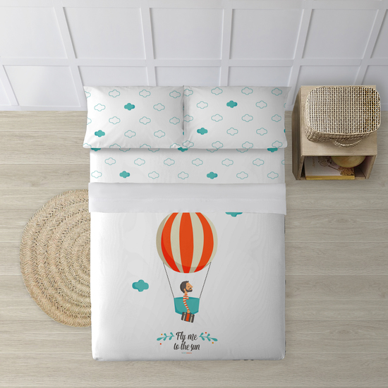 JUEGO DE SÁBANAS CON ALMOHADA Y BAJERA ESTAMPADAS A JUEGO 100% ALGODÓN MODELO GLOBO CHICO PARA CAMA DE 90. image 0