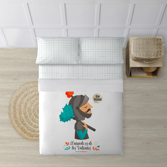 JUEGO DE SÁBANAS CON ALMOHADA Y BAJERA ESTAMPADAS A JUEGO 100% ALGODÓN MODELO GUERRERO PARA CAMA DE 90. image 0