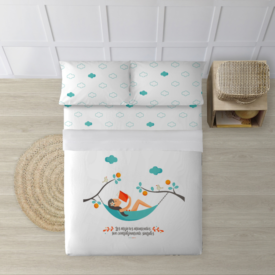 JUEGO DE SÁBANAS CON ALMOHADA Y BAJERA ESTAMPADAS A JUEGO 100% ALGODÓN MODELO HAMACA PARA CAMA DE 90. image 0