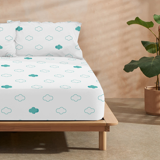 JUEGO DE SÁBANAS CON ALMOHADA Y BAJERA ESTAMPADAS A JUEGO 100% ALGODÓN MODELO HAMACA PARA CAMA DE 90. image 1