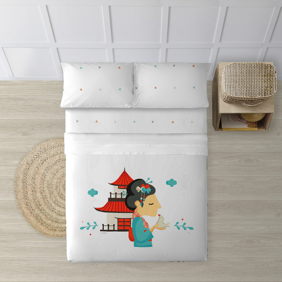 JUEGO DE SÁBANAS CON ALMOHADA Y BAJERA ESTAMPADAS A JUEGO 100% ALGODÓN MODELO JAPONESA PARA CAMA DE 90. image 0